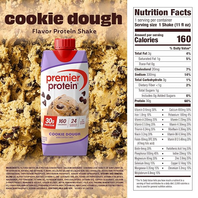 Premier Protein Shake, Cookie Dough, 30g Protein, No Added Sugar, 24 Vitamins & Minerals to Support Immune Health, 11 fl oz, 4 Pack