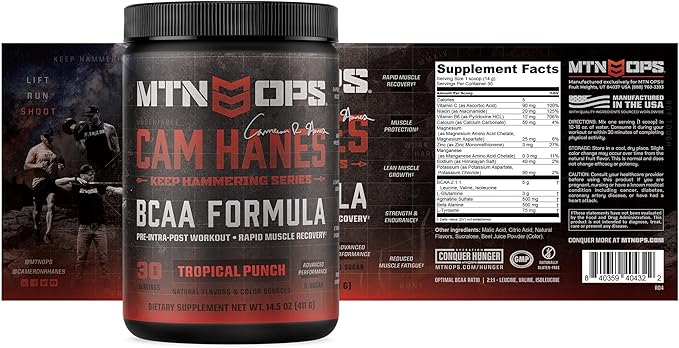 MTN OPS BCAA Powder 2:1:1 Amino Acids Supplement Powder for Rapid Muscle Recovery & Repair with Zero Sugar & Gluten Free - 30-Servings, Tropical Punch, Cameron Hanes Keep Hammering Series
