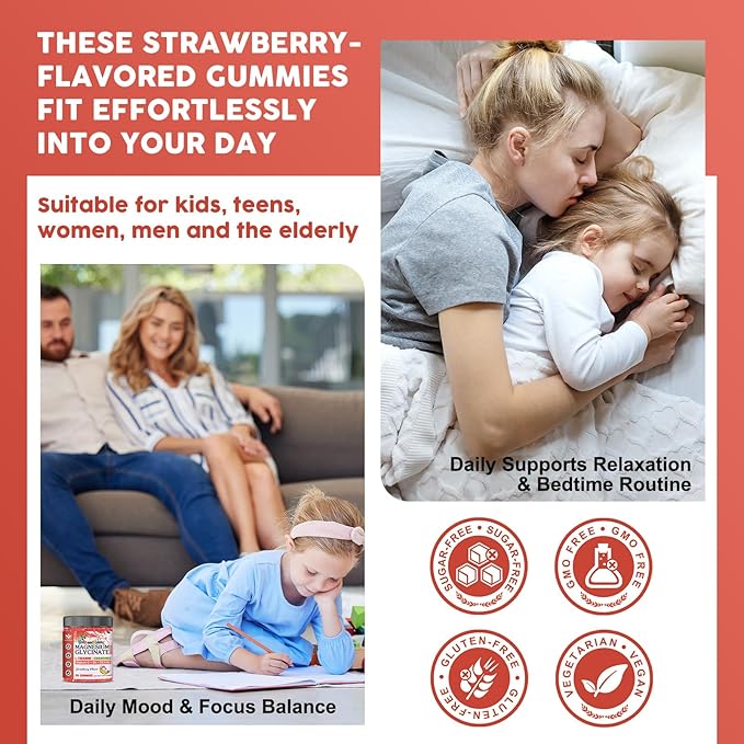 Magnesium Glycinate Gummies for Kids & Adults - Relaxation & Cognition Support - 400/200mg Magnesium Supplement with L-Theanine, Chamomile, B6, D3 & K2 - Vegan, Sugar Free, Strawberry Flavor, 60 Ct