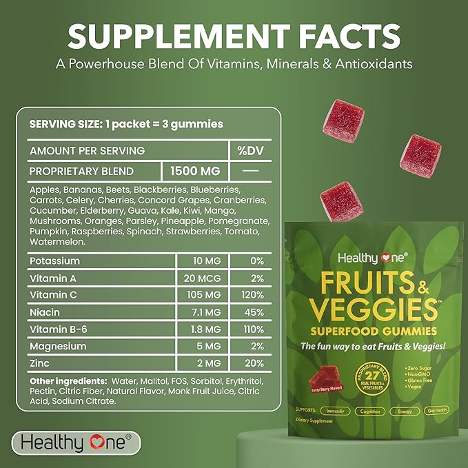 Fruits & Veggies Sugar-Free Gummies - 27 Whole Foods - Equals 3 Servings of Fruits & Vegetables - Improve Energy, Focus & Immune Function - Fiber - Antioxidants - Organic Ingredients - 28 Packets