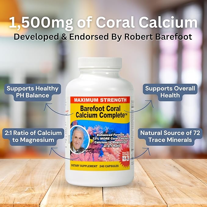1500mg, 240 Capsules- Coral Calcium Supplement Developed by Bob Barefoot- Supports Overall Health & PH Levels- Contains Calcium, Magnesium & Vitamin D3