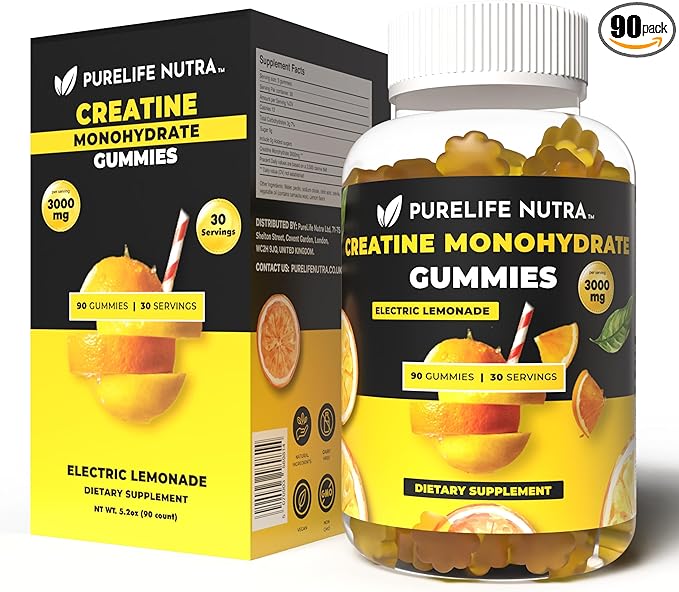 Creatine Monohydrate Gummies - 3g serving, Sugar free, 90 Count, Electric Lemonade flavored Creatine Gummies for Men & Women, Gluten Free, Non Bloating - Vegan, Halal, Kosher. (90 Units, Lemonade)