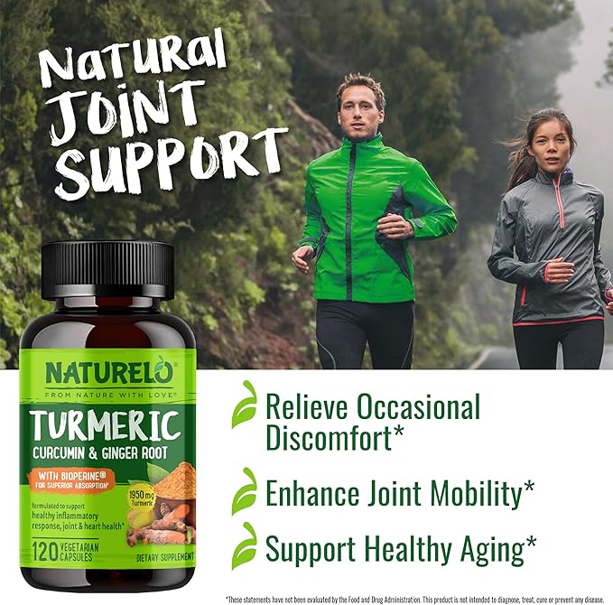 NATURELO Turmeric Curcumin - BioPerine for Better Absorption - Black Pepper, Ginger Root, Curcuminoids - Plant-Based Joint Discomfort Support - 120 Vegan Capsules (Pack of 2)