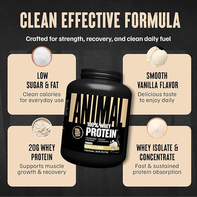 Animal 100% Whey Protein Powder – Whey Blend for Pre Workout or Post Workout, Recovery, or an Anytime Low Sugar Protein Boost Meal Replacement with BCAA Branched Chain Amino Acids – Vanilla, 4 lb