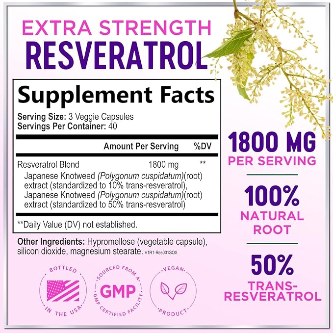 Resveratrol Blend 1800mg per Serving Supplement - Extra Strength Antioxidant Complex for Healthy Aging & Immune Support, Heart Health & Energy Support, Bioavailable Trans-Resveratrol - 120 Capsules