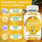 Calcium Magnesium Zinc Gummies with Vitamin D3, Sugar Free Calcium Gummies for Women Men, High Potency Magnesium Gummies for Bone & Muscle & Immune Health, Pineapple Flavor - 60 Count
