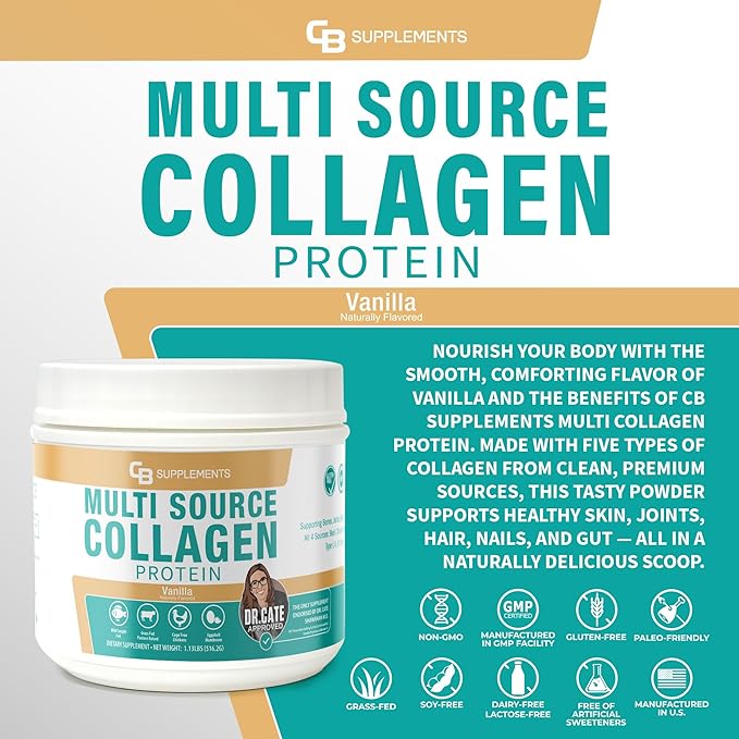 CB Supplements Multi Collagen Protein – Hydrolyzed Collagen for Joint, Skin, Gut, Hair & Nail Health – Vanilla Flavored Powder with Types I, II, III, V & X – Grass-Fed & Clean – 58 Servings