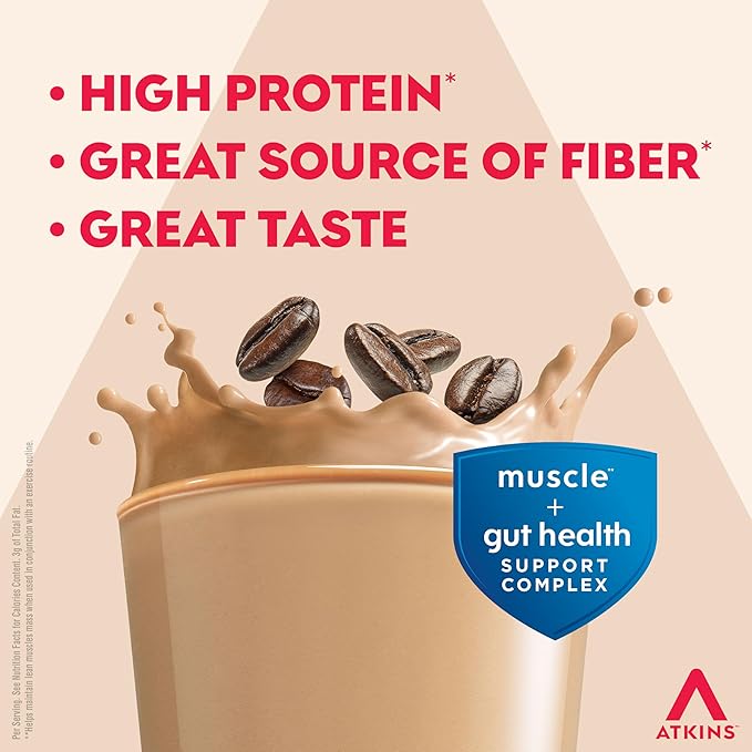Atkins Strong High Protein Shake, Café Latte Flavored, 30g Protein, 7g Prebiotic Fiber, 1g Sugar, Muscle and Gut Health Support, GLP-1 Support, Low Carb and Low Sugar Coffee Protein Shake, Keto Friendly, 12 Count