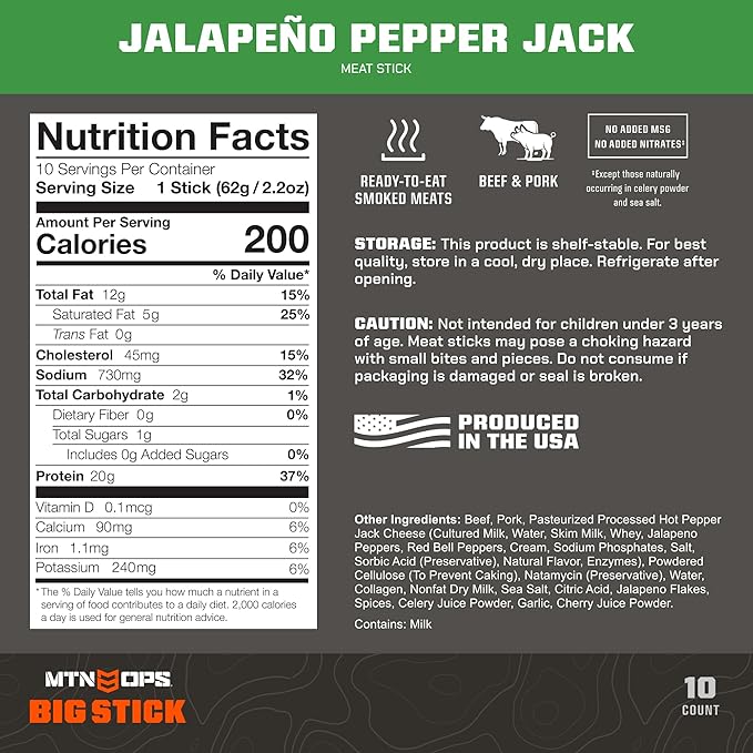 MTN OPS Big Stick High Protein Meat Sticks - 20g Protein, 10% Collagen - Jalapeño Pepper Jack Flavor - Individually Wrapped Beef Snacks - 10 Count Carton
