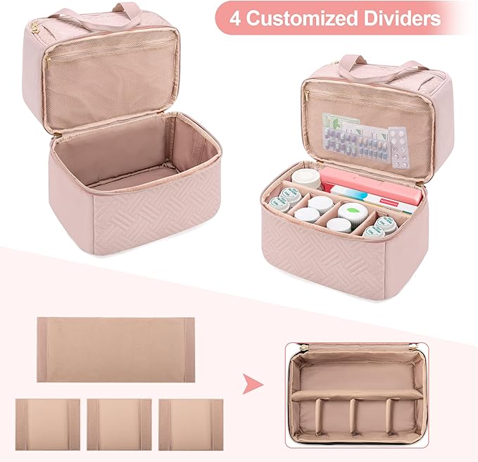 Damero Double Layers Pill Bottle Organizer Empty, Lockable Medicine Storage Bag Medication Travel Bag with 4 Customized Dividers for Prescription Bottles, Medical Supplements,Misty Rose