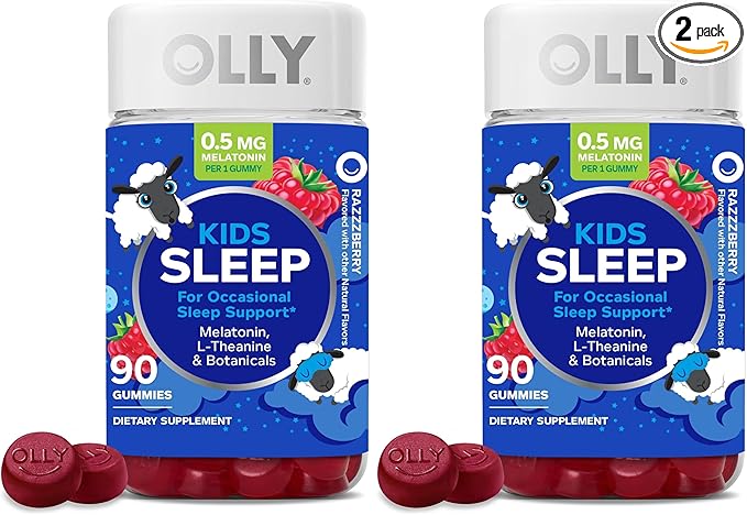 OLLY Kids Sleep Gummy,Occasional Sleep Support,0.5mg Melatonin,L Theanine,Chamomile,and Lemon Balm Extracts,Childrens Chewable Supplement,Raspberry Flavor -,90 Count (Pack of 2)