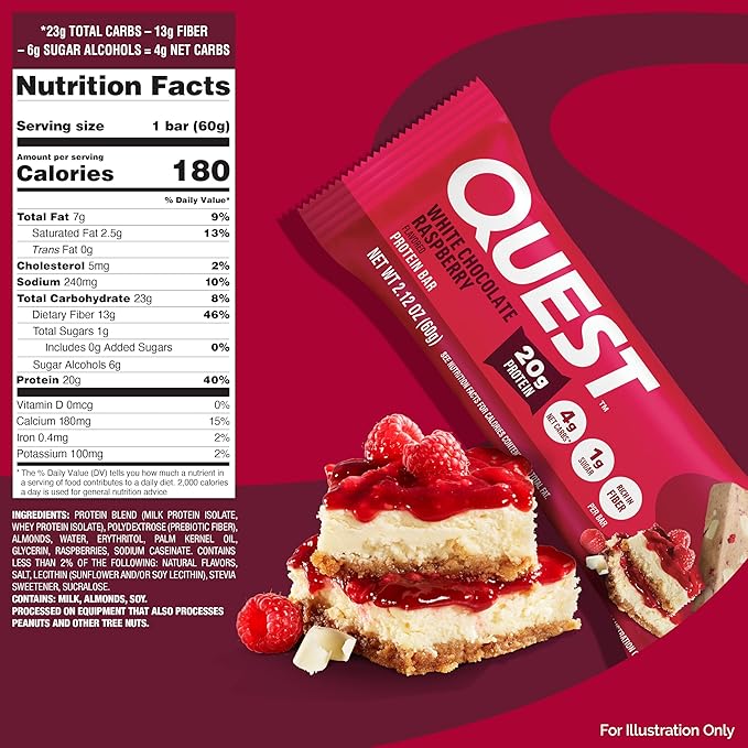 Quest Nutrition White Chocolate Raspberry Protein Bars, 20g Protein, 1g Sugar, 5g Net Carb, High Fiber, Gluten Free, Keto Friendly, 4 Count