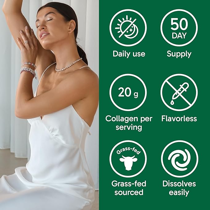Organika Collagen Powder - for Healthy Hair, Skin, Nails, and Joints. Hydrolyzed Protein Peptides for Better Absorption- Grass-Fed, Non-GMO- Unflavoured- 2.2lbs