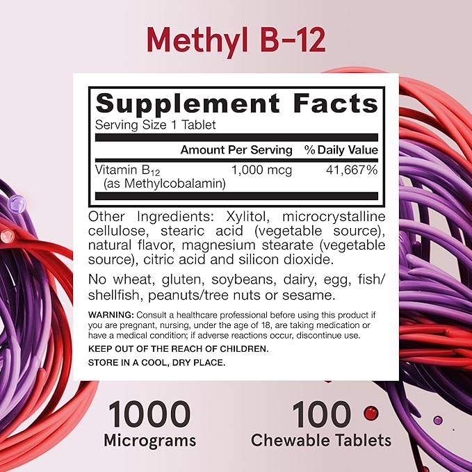 Jarrow Formulas Extra Strength Methyl B-12, Dietary Supplement for Cellular Energy Production, 100 Lemon-Flavored Chewable Tablets, Up to a 100 Day Supply, Pack of 12