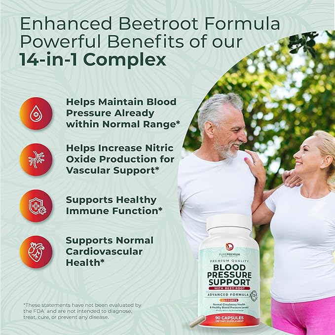 PurePremium Beet Root Capsules for Blood Pressure Support – 14-in-1 Formula with Beetroot Powder, Hawthorn, Hibiscus & Garlic for Normal Nitric Oxide Production & Heart Health – Non-GMO - 90ct