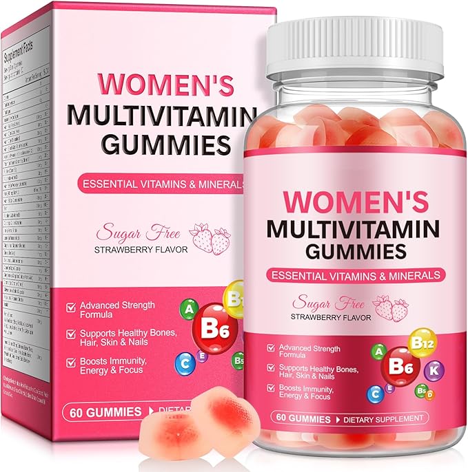 Multivitamin Gummies for Women, Natural Multi Vitamins, Boosts Immunity, Energy & Focus, Womens Daily Multivitamin Gummy for Hair, Skin & Nails, Sugar-Free, Strawberry Flavor, 60 Gummies