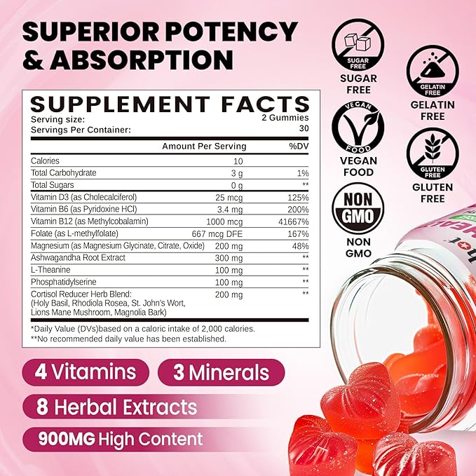 Cortisol Gummies, 15 in 1 Lower Cortisol Supplements for Women, w. Ashwagandha, Magnesium, Phosphatidylserine, Folate for Hormone Balance, Mood, Focus, Sleep Support, Sugar Free, Vegan, 60