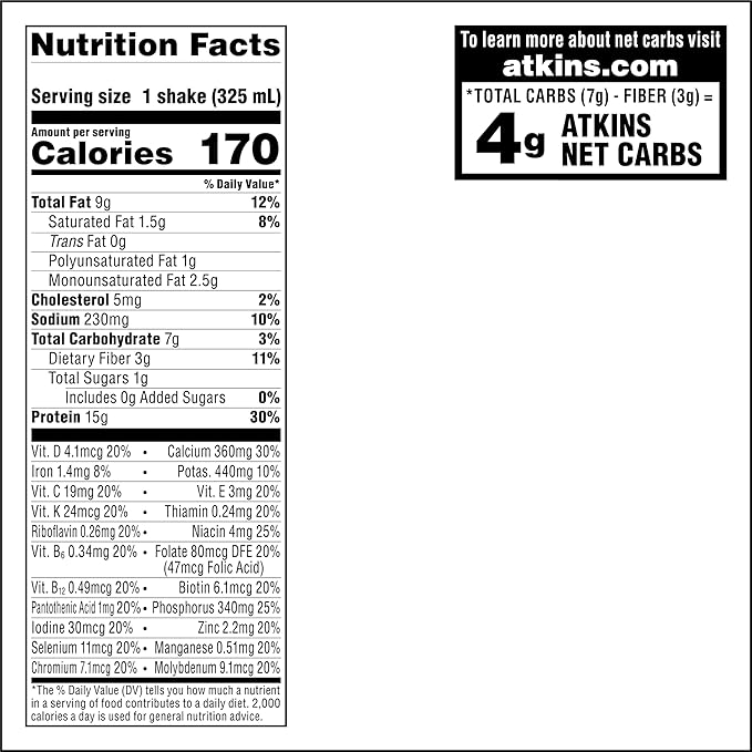 Atkins Iced Coffee Vanilla Latte Protein Shake, Coffee and Vanilla Flavored, 15g Protein, 4g Net Carbs, 1g Sugar, Low Carb, Keto Friendly, High Protein Shake, 12 Pack (11 fl. oz each)