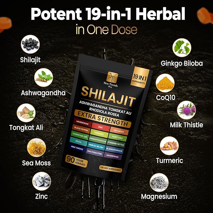 Shilajit Gummies 19 in 1 with Sea Moss, Ashwagandha, Tongkat Ali - Shilajit Pure Himalayan Organic Fulvic Acid Gummies- 90 Count