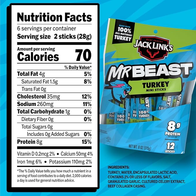 Jack Link’s x MrBeast Turkey Mini Sticks,As Seen on Beast Games,8g Protein,Made with 100% All Natural Turkey,Zero Sugar,Pantry-Ready Snacks,(Pack of 24)