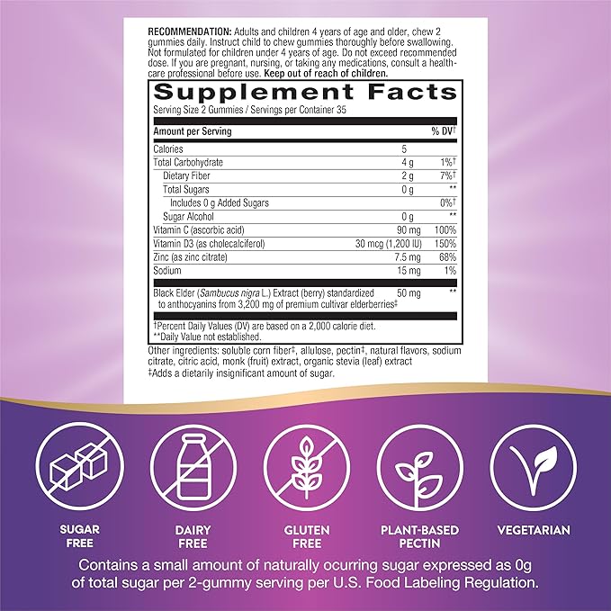 Nature’s Way Sambucus Zero Sugar Immune Gummies, Daily Immune Support*, Black Elderberry Extract, Vitamin C, Vitamin D3, Zinc, Sugar Free, Sugar Alcohol Free, Plant-Based Sweeteners, 70 Gummies