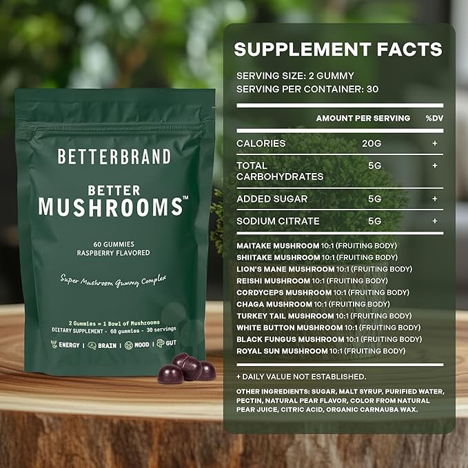 Betterbrand BetterMushrooms Nootropic Gummies - Supports Better Gut Health, Cognitive Function, Mental Clarity with 10 Functional Mushrooms - 60 Gummies - Raspberry Flavor - Pack of 1