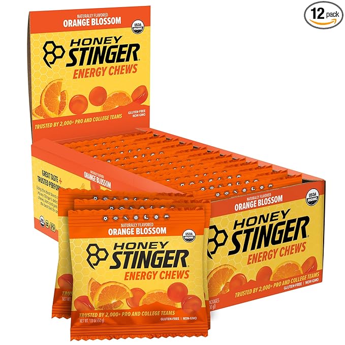 Honey Stinger Organic Orange Blossom Energy Chew, Gluten Free & Caffeine Free, for Exercise, Running and Performance, Sports Nutrition for Home & Gym, Pre and Mid Workout, 21.6 Ounces (Pack of 12)