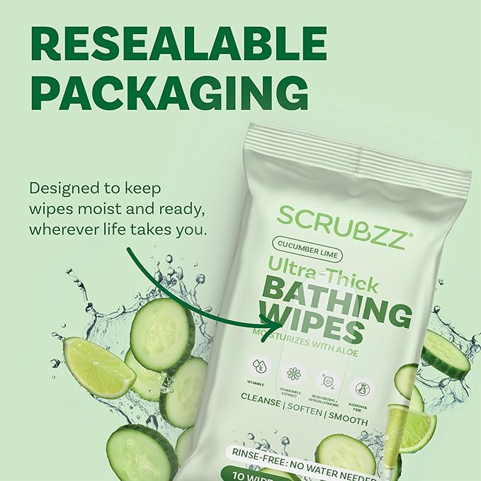 Extra Large Bath Wipes for Adults Bathing No Rinse - 120 Disposable Body Cleansing Wipes for Men, Women & Elderly - Great for Gym, Camping, Post Surgery - Cucumber Lime