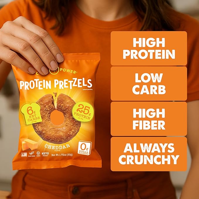CRISP POWER Protein Pretzels, NEW Cheddar, 25G Protein, High Protein Snack, High Fiber, Low Carb Crunchy Pretzel Snacks, No Added Sugar, 1.75 oz Bags, 24 Pack, Vegan, Keto