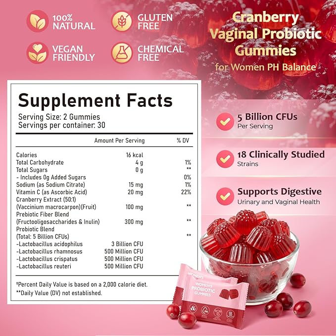 Women Probiotic Gummies for Women – Digestive & Feminine Balance Support, Gut Health, Debloat, with Prebiotics & Cranberry, Vegan, Gluten Free, Non-GMO – 60 Gummies
