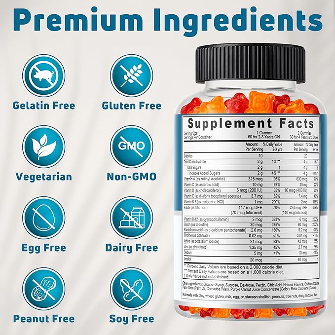 Vegetarian Kids Multivitamin Gummies, 30–60 Servings. With 14 Essential Vitamins & Minerals. Gelatin-Free, Gluten-Free. Non-GMO Gummy Vitamins for Toddlers, Support Immune, Bones & Overall Wellness