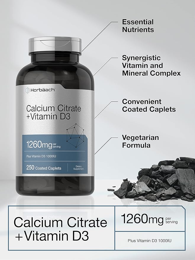 Horbäach Calcium Citrate with Vitamin D3 | 1260 mg | 250 Caplets | Vegetarian, Non-GMO, Gluten Free Supplement
