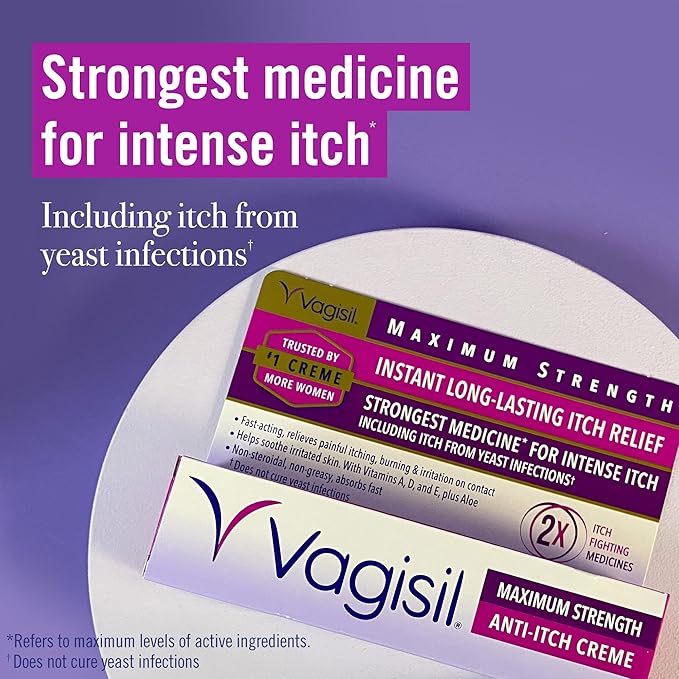 Vagisil Maximum Strength Feminine Anti-Itch Cream with Benzocaine for Women, Helps Relieve Yeast Infection Irritation, Gynecologist Tested, Fast-Acting, Soothes and Cools Skin, 1 oz (Pack of 2)