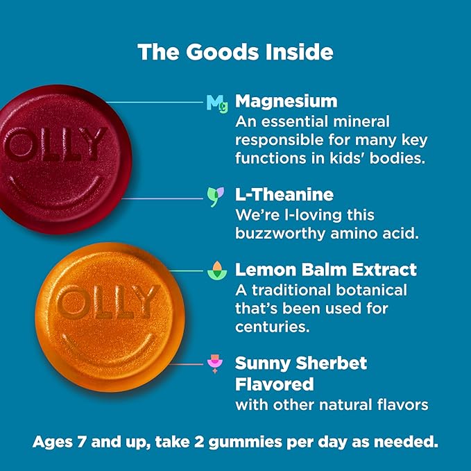 OLLY Kids Chillax Gummy, For a Calm and Relaxed Mood*, Magnesium, L-Theanine, Lemon Balm Extract, Chewable Supplement, Sherbet Flavored, 25 Day Supply - 50 Count (Packaging May Vary)