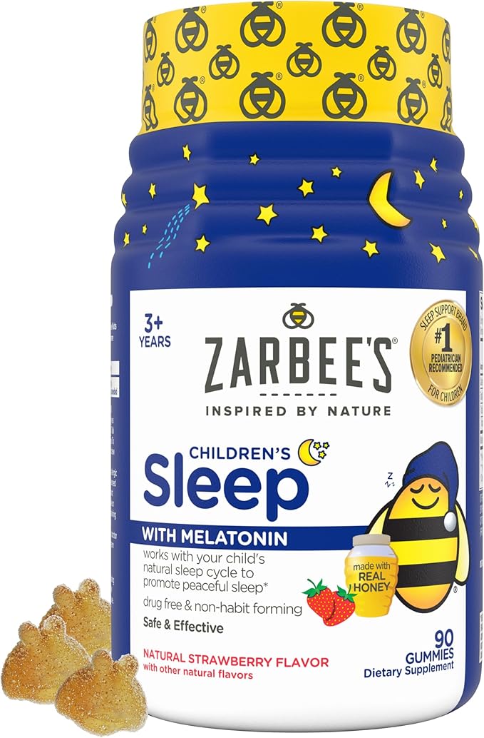 Zarbee's Kids Melatonin Gummies with 1mg Melatonin, Kids Sleep Gummy, Promotes Peaceful Sleep, Drug-Free, Non-Habit-Forming, Natural Strawberry, 90 ct