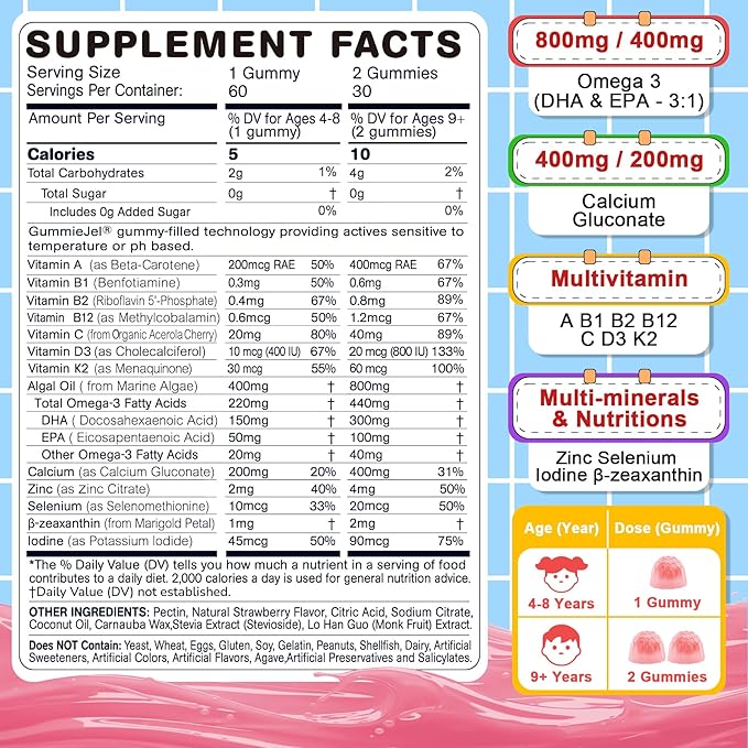 Nextdia Omega 3 (EPA/DHA) Filled Gummies for Kids with Multivitamin, Calcium + D3 + K2 + Zinc, Plus Vitamin A B1 B2 B12 C, Selenium, Iodine for Brain, Eye, Bone, Energy, No Fish Taste, 2 Pack