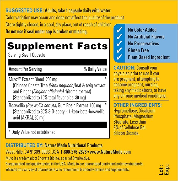 Nature Made 3-in-1 Joint Comfort Capsules, Chaste Tree, Ginger & Boswellia, Joint Supplements for Men and Women, 30 Capsules, 30 Day Supply