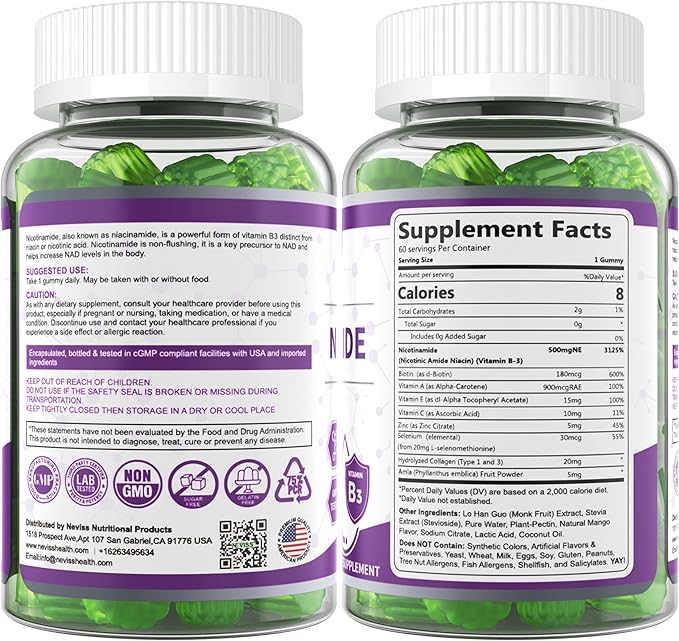 Sugar Free Nicotinamide 500mg Gummies, (Flush Free Niacin) Vitamin B3 Niacinamide Supplement for Cellular Energy Metabolism & Repair, Vitality, Healthy Aging, Cranberry Flavor, Easy to Chew, 120 Cts