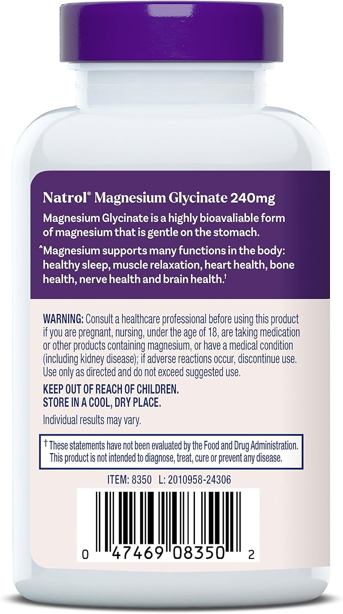 Natrol Magnesium Glycinate Supplements 240 mg - High Absorption - Calm Magnesium Glycinate for Sleep - 60 Capsules,30 Day Supply,(Pack of 2)