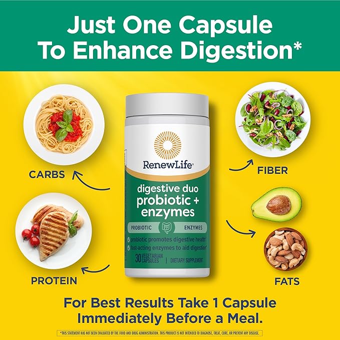 Renew Life Digestive Duo Probiotic and Enzymes Vegetarian Capsules, Probiotic Promotes Digestive Health, Fast-Acting Enzymes Aid Digestion, With Soothing Herbs - 30 Count