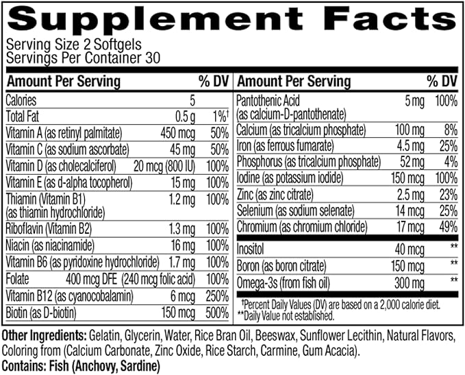 OLLY Ultra Women's Multi Softgels,Overall Health and Immune Support,Omega-3s,Iron,Vitamins A,D,C,E,B12,Daily Multivitamin,30 Day Supply -,60 Count (Pack of 2)