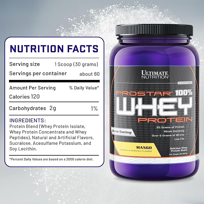 Ultimate Nutrition Prostar Whey Protein Powder Isolate, Mango - Low Carb, High Protein Powder Shake for Muscle Gain & Recovery - Low Sodium, Low-Fat & Keto Friendly - 2 lbs Tub