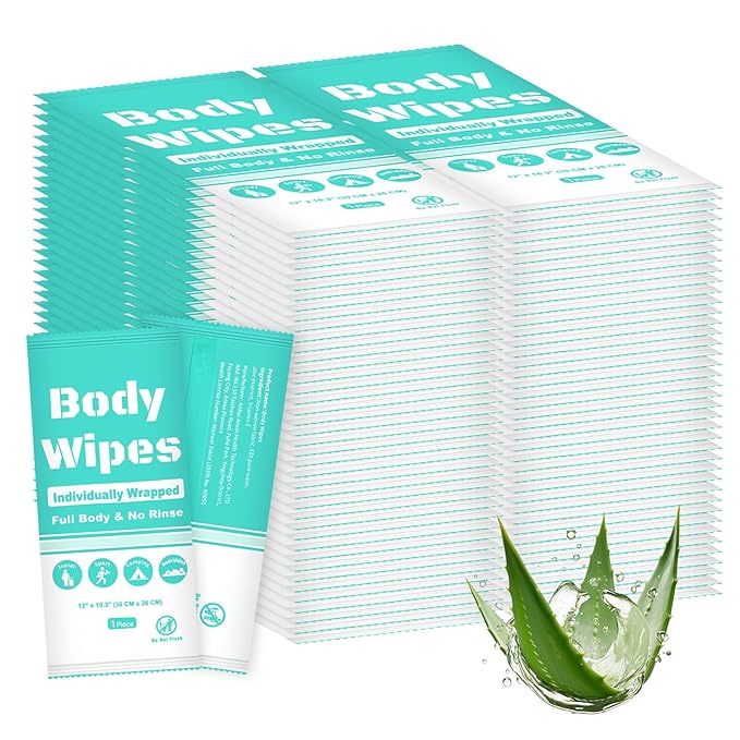 Individually Wrapped Body Wipes Bulk Bath Wipe, Women Men Large Adult Disposable Body Shower Wipes No Rinse-Free Bathing Cloths Wipe for Outdoors After Gym Camping Travel (100, Blue, 12 x 10.3 in)