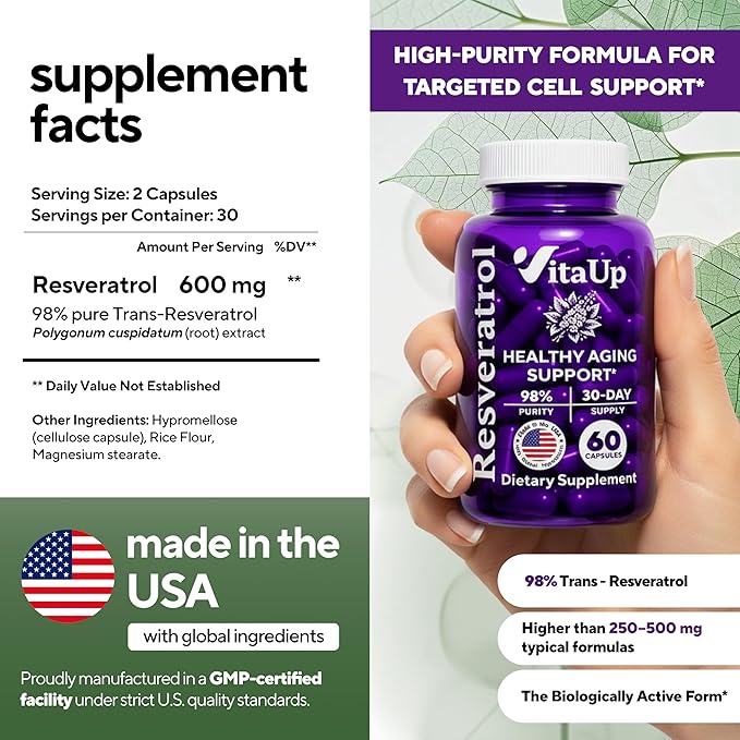 VitaUp Trans-Resveratrol Supplement – 98% Purity USA Made Resveratrol Capsules 600mg - Standardized to 98% Trans-Resveratrol – Antioxidant for Healthy Aging & Energy Support – 60 Caps