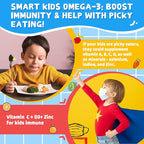 Nextdia Omega 3 (EPA/DHA) Filled Gummies for Kids Teen with Multivitamin, Calcium + D3 + K2 + Zinc, Plus Vitamin A B1 B2 B12 C, Selenium, Iodine for Brain, Eye, Bone, Energy, No Fish Taste, Sugar Free