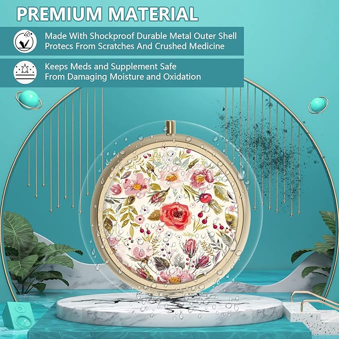 Pill Case Pill Box with Mirror Retro 3 Compartment Small Pill Case for Purse or Pocket Bronze Small Roud Pill Box or Vitamins, Fish Oil, Supplements, Pill Containe Travel Gifts（Retro Red Flowers）