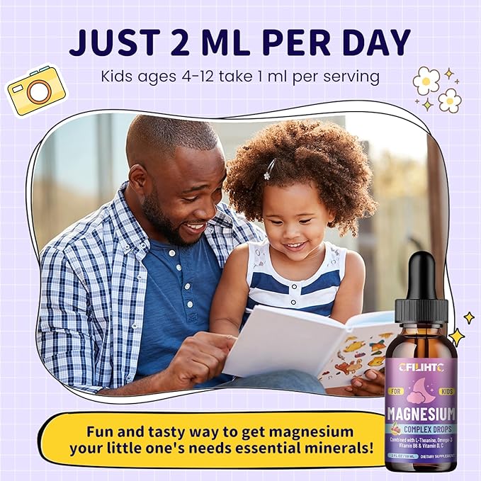 Kids Magnesium Liquid Drops-Magnesium Glycinate Liquid for Kids Supplement-w/L-theanine, Omega-3, Vitamin B6, D3 - for Sleep, Relaxation, Brain, Bones - Cherry Flavor, 4 Fl Oz