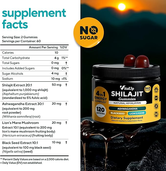VitaUp Himalayan Shilajit Gummies - Sugar Free Natural Shilajit Gummies with Fulvic Acid, Ashwagandha, Lions Mane, Black Seed - Immune & Energy Support - 120 Count