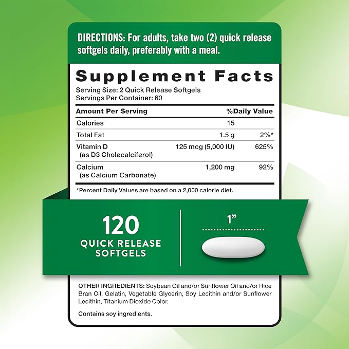 Nature's Truth Absorbable Calcium 1200 mg with Vitamin D3 5000 IU | 120 Softgels | Calcium Carbonate | Non-GMO & Gluten Free Supplement