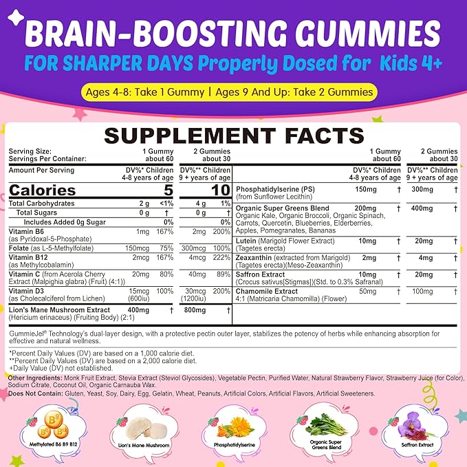 Kids Brain Gummies with Lion's Mane Mushroom, Methyl B6, B9, B12, Supper Greens, Lutein, Brain Booster Supplement for Focus & Attention, Cognitive Function, Vision & Energy, Sugar Free, Vegan 2 Pack